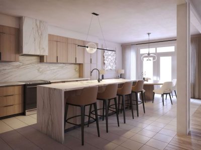 Spacious modern kitchen with marble waterfall island, light wood cabinets, and contemporary lighting — interior of a Chateau 9 Stouffville home.