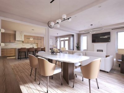 Open-concept dining and kitchen area with natural light, elegant finishes, part of Chateau 9 interiors.
