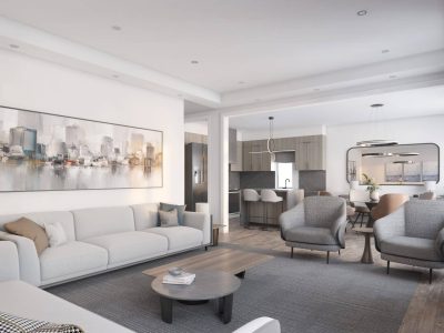 Stylish living room connected to kitchen, soft neutral tones and modern decor — interior presentation for Chateau 9.