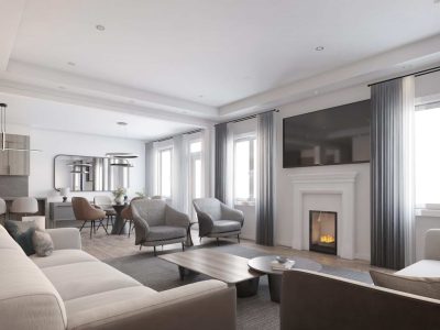 Contemporary living room with a fireplace, windows, and soft colour palette — a showcase interior from Chateau 9 Stouffville.